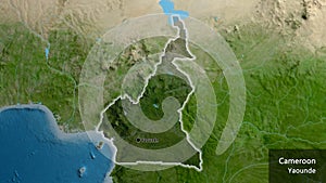 Cameroun border shape overlay. Glowed. Satellite. Labels