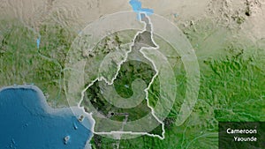 Cameroun border shape overlay. Glowed. Satellite. Labels