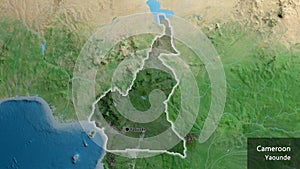 Cameroun border shape overlay. Glowed. Satellite. Labels