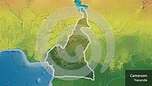 Cameroun border shape overlay. Glowed. Topographic. Labels