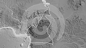 Cameroun border shape overlay. Outlined. Grayscale.