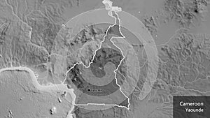 Cameroun border shape overlay. Outlined. Grayscale. Labels