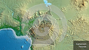 Cameroun border shape overlay. Outlined. Physical. Labels