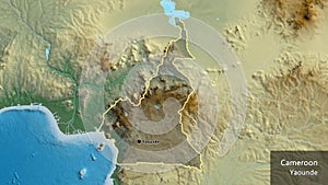 Cameroun border shape overlay. Outlined. Relief. Labels