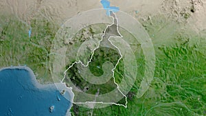 Cameroun border shape overlay. Outlined. Satellite.