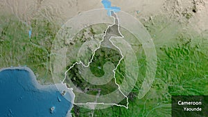 Cameroun border shape overlay. Outlined. Satellite. Labels