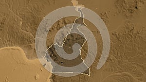 Cameroun border shape overlay. Outlined. Sepia elevation.