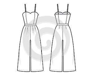 Cami jumpsuits culotte overall technical fashion illustration with ankle length, normal waist, rise, strap, fitted body photo