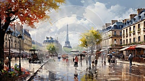 Vibrant Speedpainting Of A French City With Umbrella-holding People