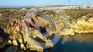 Camilo beach (Praia do Camilo) in Lagos, Algarve, Portugal. Wooden footbridge to the beach Praia do Camilo, Portugal