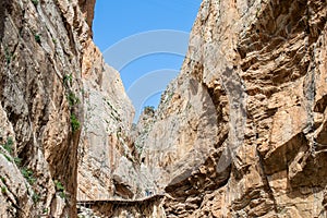 Caminito del Rey, The King\'s Path. Walkway pinned along the steep walls of a narrow gorge in El Chorro