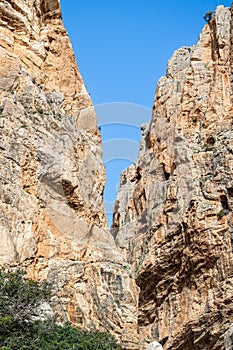 Caminito del Rey, The King\'s Path. Walkway pinned along the steep walls of a narrow gorge in El Chorro