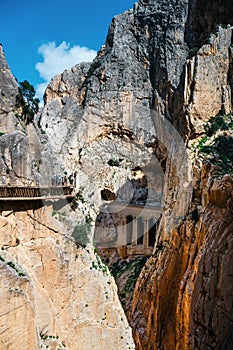 Caminito del Rey, Spain, April 04, 2018: Royal Trail also known as El Caminito Del Rey - mountain path along steep cliffs in gorge