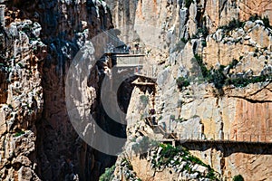 Caminito del Rey, Spain, April 04, 2018: Royal Trail also known as El Caminito Del Rey - mountain path along steep cliffs in gorge