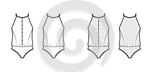 Camisole bodysuit technical fashion illustration with relaxed fit, thin, racerback straps, row of buttons. Flat outwear photo