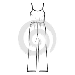 Camisole jumpsuit Dungaree overall technical fashion illustration with full length, normal elastic waist, oversized