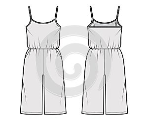 Camisole jumpsuit Dungaree overall technical fashion illustration with knee length, normal waist, oversized, pockets