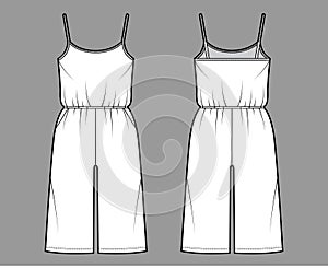 Camisole jumpsuit Dungaree overall technical fashion illustration with knee length, normal waist, oversized, pockets