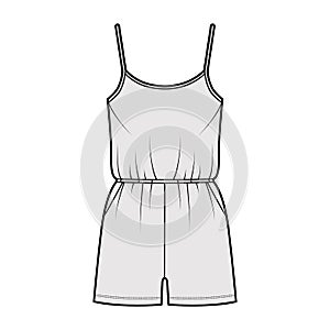 Camisole jumpsuit Dungaree overall technical fashion illustration with mini length, elastic waist, oversized, pockets