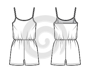 Camisole jumpsuit Dungaree overall technical fashion illustration with mini length, elastic waist, oversized, pockets