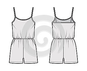 Camisole jumpsuit Dungaree overall technical fashion illustration with mini length, elastic waist, oversized, pockets