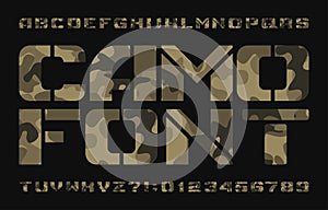 Camo alphabet typescript. Stencil uppercase letters and numbers on a dark background.