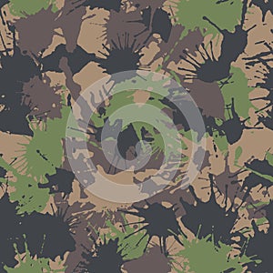 Camo seamless chaotic pattern of paint splashes spots. Vector hand drawn camouflage texture for printing on fabric