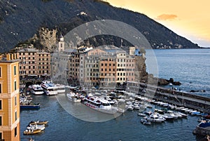 Camogli harbor at sunset