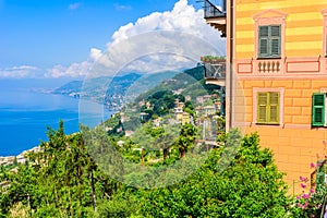 Camogli town in Liguria, Italy. Scenic Mediterranean riviera coast. Historical Old Town Camogli with colorful houses and sand
