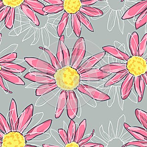 Camomile background. Seamless Pattern with pink daisy. Print for textile, vector.