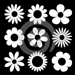 Camomile big set. White daisy chamomile silhouette icon. Cute round flower head plant collection. Love card symbol. Growing