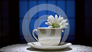 A camomile flower with water drops in a teacup rotates on a blue background. Narrow zone of sharpness.