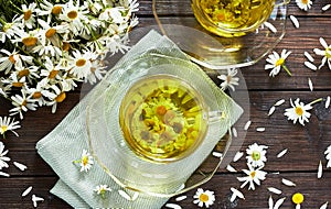 Camomile herbal tea or decoction with flower buds flat lay, top view