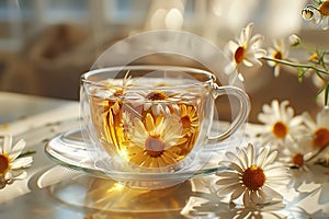 Camomile herbal tea in a transparent cup, close-up view