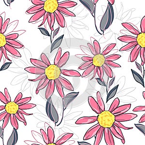Camomile on a white background. Pattern with daisy. Print for textile, vector.