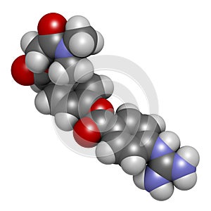Camostat drug molecule. Serine protease inhibitor, investigated for treatment of Covid-19. 3D rendering. Atoms are represented as