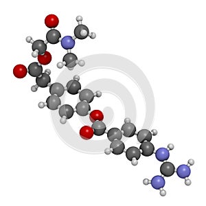 Camostat drug molecule. Serine protease inhibitor, investigated for treatment of Covid-19. 3D rendering. Atoms are represented as