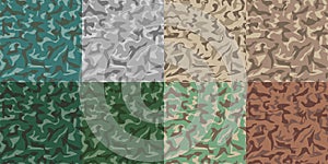 Camouflage army set seamless pattern. Military texture seamless pattern or background. 8 green and brown seamless patterns. Vector