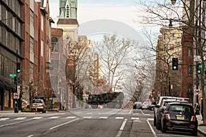 Camouflage army truck blocking streets in Washington DC during week approaching President Elect Joe Biden Inauguration