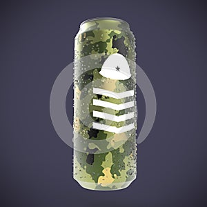 Camouflage beer can with water drops 3d render