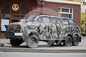 Camouflage car monument in Ternopil, Ukraine