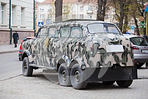 Camouflage car monument in Ternopil, Ukraine
