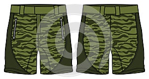 Camouflage Chino sartorial Shorts design flat sketch vector illustration, denim printed casual shorts concept with front and back