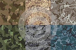 Camouflage khaki texture. Army fabric seamless forest and sand camo netting pattern vector textures set