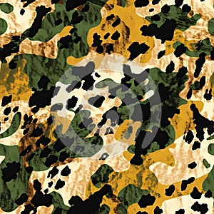 Camouflage leopard spots seamless pattern. Abstract modern military background. Fabric textile print template. AI