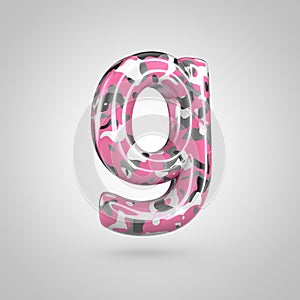Camouflage letter G lowercase with pink, grey, black and white camouflage pattern isolated on white background.