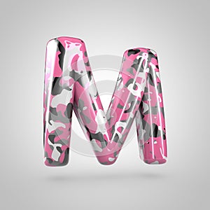 Camouflage letter M uppercase with pink, grey, black and white camouflage pattern isolated on white background.