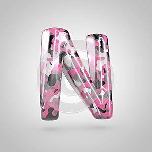 Camouflage letter N uppercase with pink, grey, black and white camouflage pattern isolated on white background.