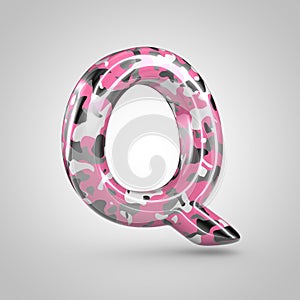 Camouflage letter Q uppercase with pink, grey, black and white camouflage pattern isolated on white background.