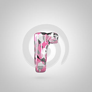 Camouflage letter R lowercase with pink, grey, black and white camouflage pattern isolated on white background.